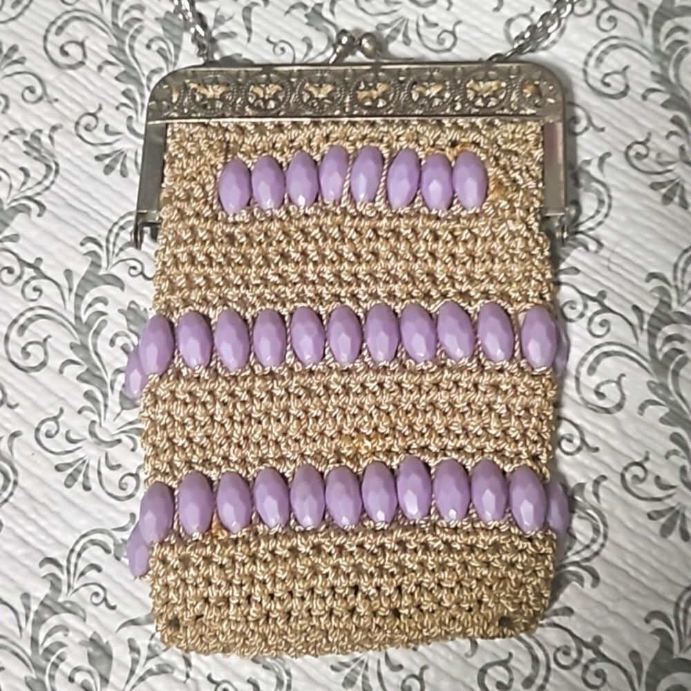 Vintage Art Deco Small Purple Beaded Crotched Flapper Purse Handbag